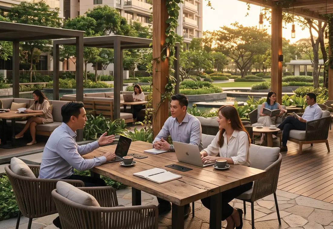 Conceptual image: an outdoor co-working terrace with people at shaded tables
