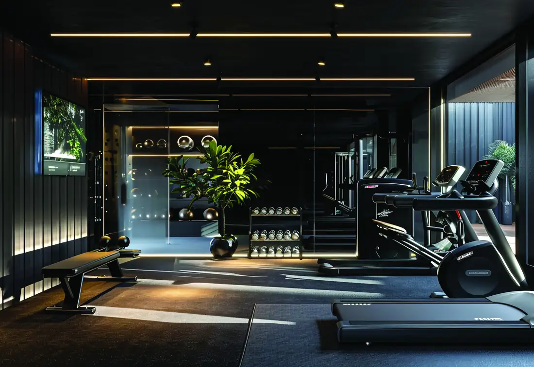Conceptual image: a gym with free weights and cardio machines