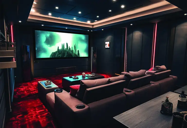 Conceptual image: a private theatre with lounge seating facing a large screen