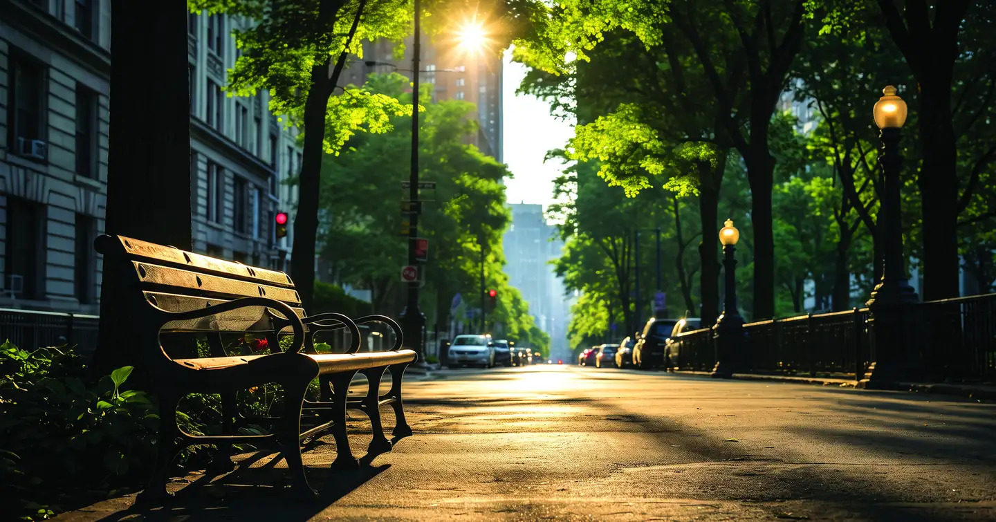 A tree-lined avenue at golden hour with benches along the footpath