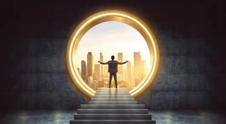 A figure standing in a lit circular portal looking out over a city skyline