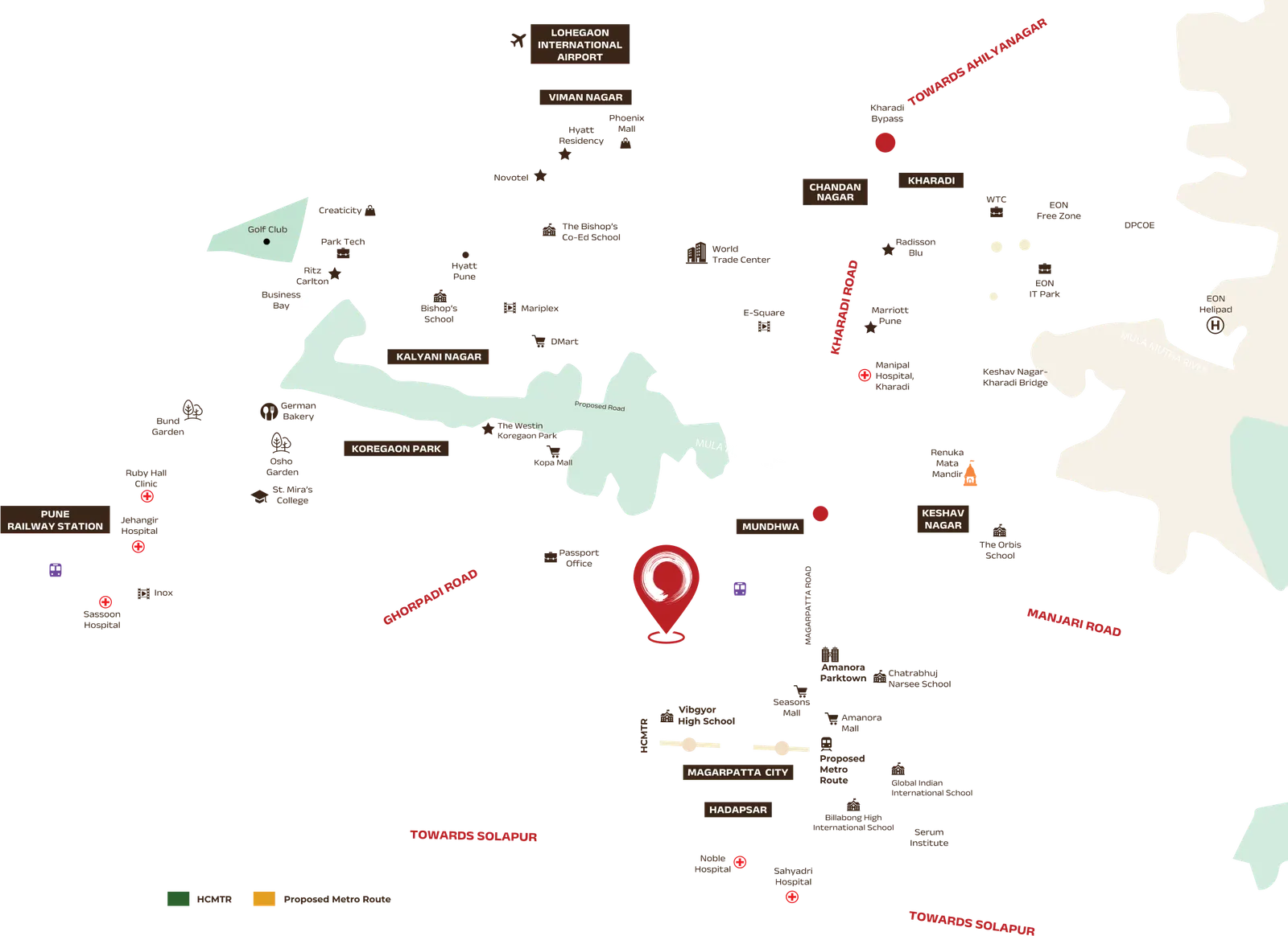 Locality map with the project marked at Prime Mundhwa. Magarpatta City, Amanora Parktown and Seasons Mall sit immediately south, Koregaon Park and Kalyani Nagar to the west, Kharadi with the World Trade Center and EON IT Park to the north-east, and Lohegaon international airport beyond. Pune Railway Station lies west along Ghorpadi Road.