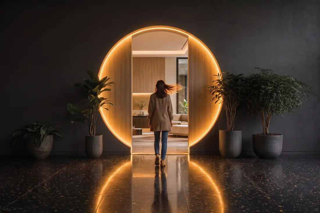 A circular moon-gate entrance lobby lit by a gold ring, with a figure walking through