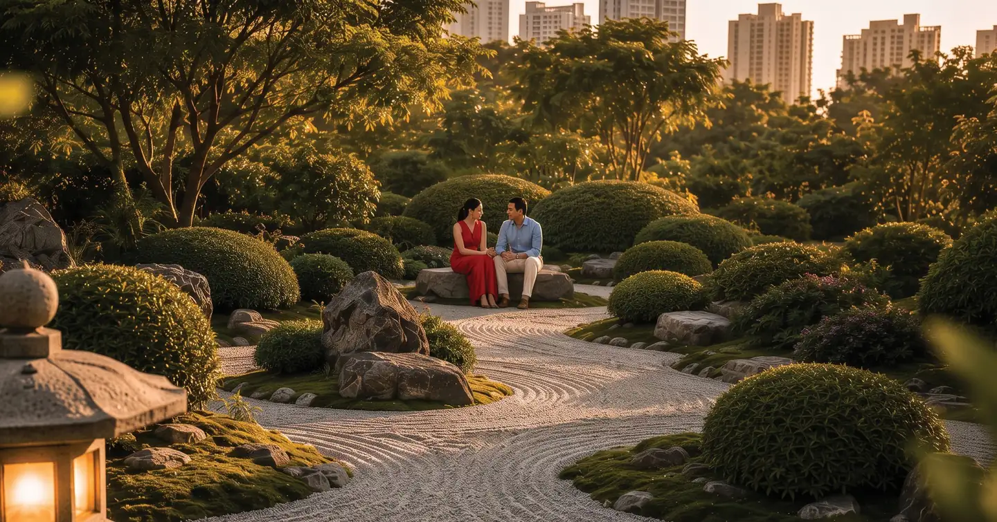 A raked-gravel Japanese garden with clipped shrubs, a stone lantern and a seated couple at dusk
